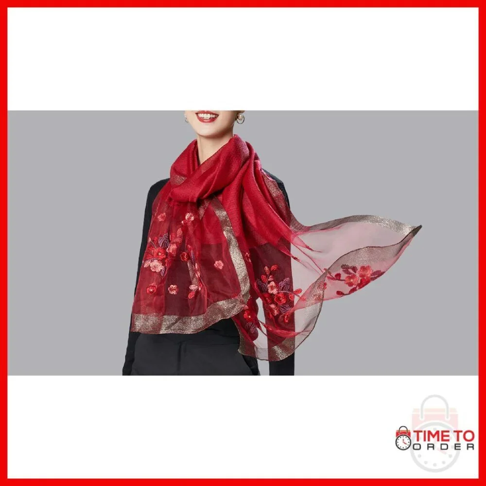Large Silk Blend Scarf Shawl Wrap 75x28 Inches Lightweight Embroidered